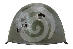 Russian invasion in Ukaraine 2022. Equipping mobilized - WW2 type russian army helmet with bullet holes