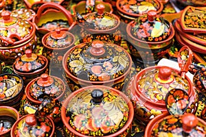 Russian khokhloma, traditional wood painting handicraft souvenirs