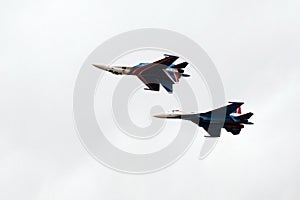 The Russian Knights aerobatics group in the sky at the MAKS-2021 International Aviation and Space Salon in Zhukovsky