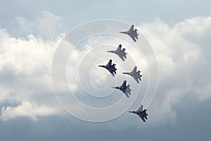 The Russian Knights aerobatics group in the sky at the MAKS-2021 International Aviation and Space Salon in Zhukovsky