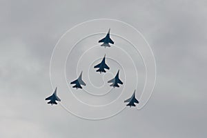 The Russian Knights aerobatics group in the sky at the MAKS-2021 International Aviation and Space Salon in Zhukovsky