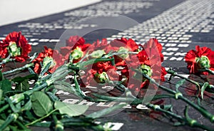 Russian language phrase `sergeant,major, colonel,lieutenant, ranker` - army ranks, flowers on the memorial to fallen soldiers, r