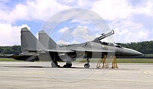 Russian made jet fighter on airfield