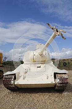 Russian made T-34-85 tank with broken gun barrel captured by IDF form Egypt on display at Yad La-Shiryon Armored Corps Museum