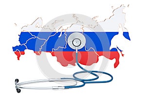 Russian map with stethoscope, national health care concept, 3D r
