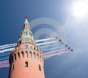 Russian military aircrafts fly in formation over Moscow during Victory Day parade, Russia