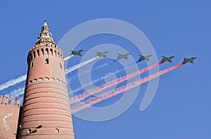 Russian military aircrafts fly in formation over Moscow during Victory Day parade, Russia