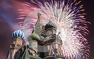 Russian military aircrafts fly in formation over MoscowSaint Basil cathedral during Victory Day parade, Russia