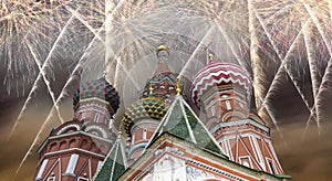 Russian military aircrafts fly in formation over MoscowSaint Basil cathedral during Victory Day parade, Russia