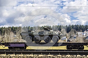 Russian military equipment loaded onto a cargo railway platform