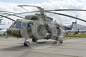 Russian military helicopters at the international exhibition.