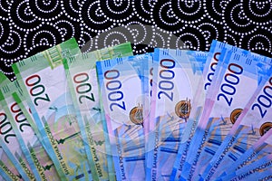 Russian money background, new 200 and 2000 rubles. russian money denomination
