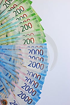 Russian money background, new 200 and 2000 rubles. russian money denomination