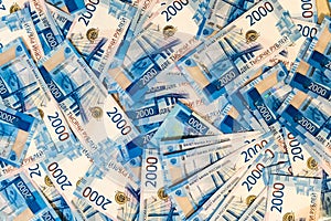 Russian money banknotes background. Lots of two thousandth bills.