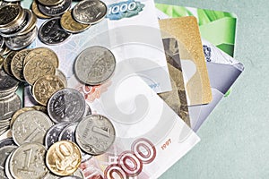 Russian money banknotes and coins, credit cards