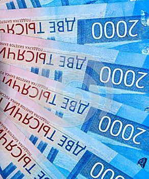 Russian money banknotes in nominal  of two thousand. New tickets of the bank of Russia. Russian money