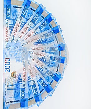 Russian money banknotes in nominal of two thousand. New tickets of the bank of Russia. Russian money