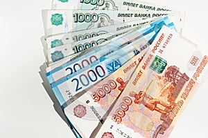 Russian money close-up of various denominations. Banknotes of Russian rubles. Cash loan. Cash, currrency, banknotes bank