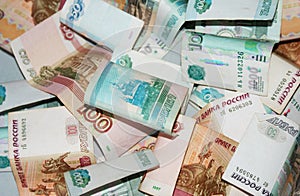 Russian money. Different denominations of banknotes. Close-up of Russian rubles.