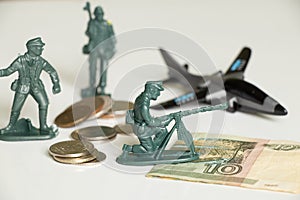 Russian money and rubles lie on the histograms and next to the children& x27;s soldiers, sanctions against Russia, the