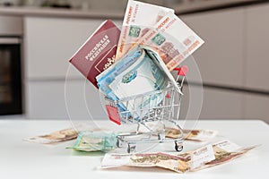 Russian money in Shopping Cart. Banknotes of Russian rubles. Cash, currrency, banknotes bank Russia. Wealth financial