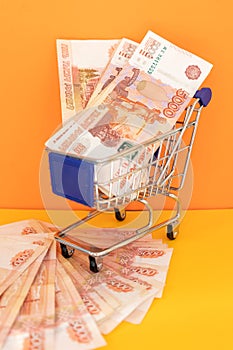 Russian money in Shopping Cart. Banknotes of Russian rubles. Cash, currrency, banknotes bank Russia. Wealth financial