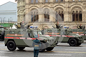 Russian multi-purpose armored car `Tiger-M` of the military police at the Victory Day parade on Moscow`s Red Square