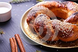 Russian national bread Kalach on a dark background