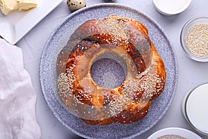 Russian national bread Kalach on a gray background.