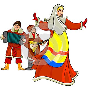 In the Russian national dress dancing woman, men play the accordion and balalaika photo