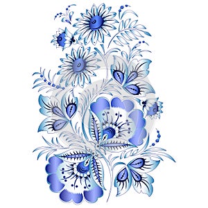 Russian national floral pattern in style Gzhel (a flowers of Russian ceramics, painted blue on white). photo