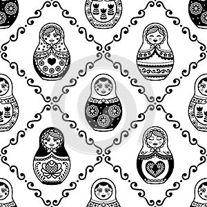 Russian nesting doll vector seamless pattern, repetitive design inpisred by Matryoshka dolls from Russia