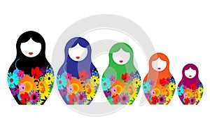 Russian nesting dolls matrioshka, set icon colorful symbol of Russia. Multi flowers colored style. vector isolated on white