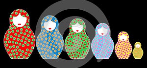 Russian nesting dolls matrioshka, set icon colorful symbol of Russia, toys for kids, and black background