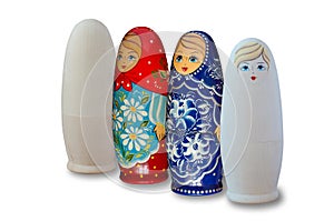 Russian nesting dolls. Painted and unpainted. Isolated on white