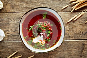 Russian nnational cuisine red beetroot soup borsch