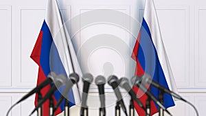Russian official press conference. Flags of Russia and microphones. Conceptual 3D rendering