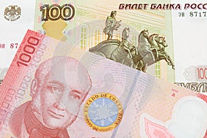 A Russian one hundred ruble note paired with a colorful red one thousand colones bank note from Costa Rica.