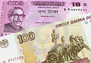 A Russian one hundred ruble note paired with a pink ten taka bank note from Bangladesh.