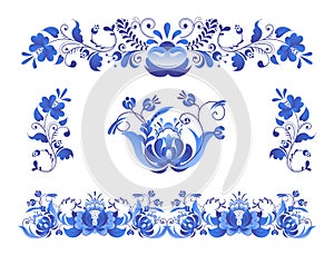 Russian ornaments art gzhel style painted with blue on white flower traditional folk bloom branch pattern vector