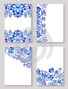 Russian ornaments gzhel art, vector illustration of blue colored flowers. Decorative frames with blue flowers on a white