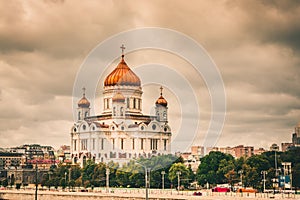 Russian orthodox church Cathedral of Christ the Savior towering over Moscow's skyline