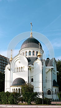 Russian Orthodox church in Krasnogorsk district, Novyy, Moscow Oblast. Luke Church, Archbishop Crimean. White facade with stucco