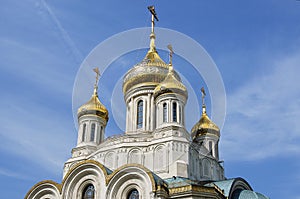 Russian orthodox church monastery in sunny weather with gold elements