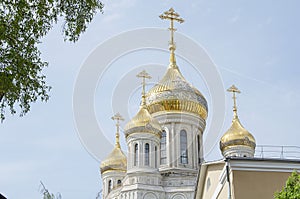 Russian orthodox church monastery in sunny weather with gold elements