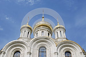 Russian orthodox church monastery in sunny weather with gold elements