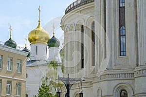 Russian orthodox church monastery in sunny weather with gold elements