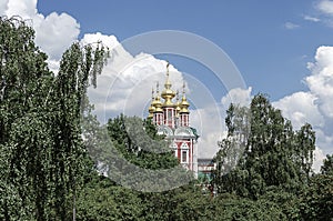 Russian Orthodox monastery church in sunny weather blue sky