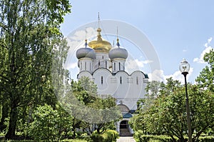 Russian Orthodox monastery church in sunny weather blue sky