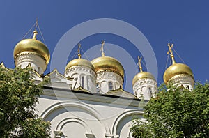 Russian Orthodox monastery church in sunny weather blue sky